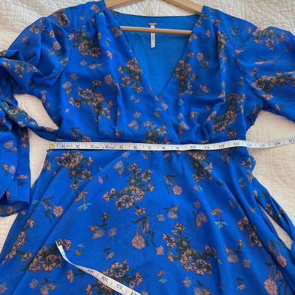 Free People Lilou Printed Mini Dress Fairy Boho Bell Sleeve Cobalt Blue Small - Picture 8 of 12